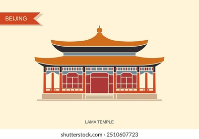 Templo Yonghegong Lama. Pekín, icono plano en estilo retro. Ilustración vectorial