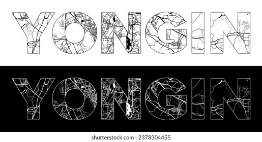Yongin City Name (South Korea, Asia) with black white city map illustration vector