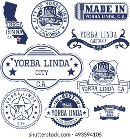 Yorba Linda city, California. Set of generic stamps and signs.