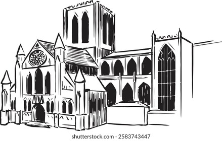 York Minster, York, England black and white ink sketch. Majestic Gothic cathedral with intricate stonework, towering spires, and stunning stained glass windows. Tourism, travel, and cultural heritage 