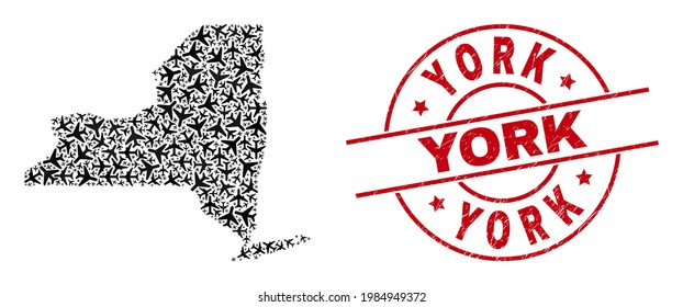 York rubber seal stamp, and New York State map collage of airplane elements. Collage New York State map created with airplanes. Red stamp with York caption, and grunge rubber texture.