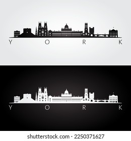 Silueta de horizonte y monumentos de York, diseño blanco y negro, ilustración vectorial.  