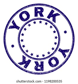 YORK stamp seal imprint with grunge texture. Designed with circles and stars. Blue vector rubber print of YORK label with retro texture.
