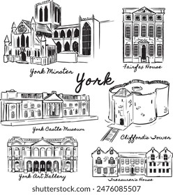 York tourist attractions ink illustrations. Famous historical spots in England sketches. York Minster, Museum, Fairfax house, art gallery vector drawings. Victorian, medieval, ancient architecture. 