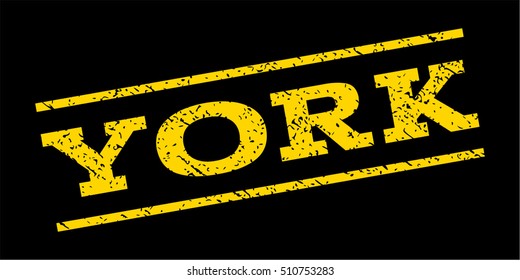 York watermark stamp. Text tag between parallel lines with grunge design style. Rubber seal stamp with dirty texture. Vector yellow color ink imprint on a blue background.