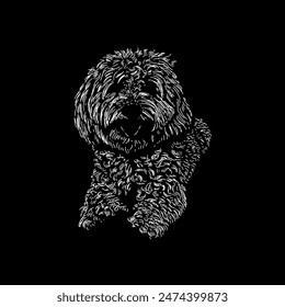 Vector de dibujo a mano yorkie bichon aislado sobre fondo negro.