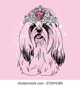 Yorkie with a crown on pink background. Vector illustration.
