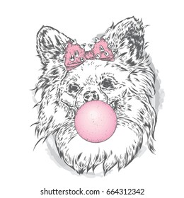 Yorkshire Terrier with a bow blows a bubble of gum. Vector illustration for a postcard or a poster, print on clothes. Beautiful dog. Purebred puppy.