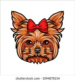 Yorkshire terrier. Bow icon. Decorative red bow. Dog decorated with a bow on her head. Yorkshire terrier breed. Dog portrait. Dogs accessory. Vector illustration.