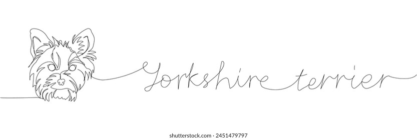 Yorkshire Terrier, British dog breed, companion dog, hunting dog one line art. Continuous line drawing of friend, dog, doggy, friendship, care, canine with inscription, lettering, handwritten..
