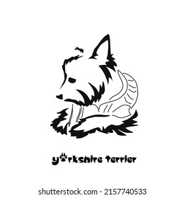 Yorkshire Terrier kauen Knochen in einem Strickpullover. Vektorgrafik eines kleinen Hundes mit Haarschnitt und hypoallergenem Haar. Gestaltbild eines Tieres