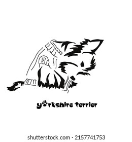 Yorkshire terrier chewing a bone in a knitted sweater. Vector drawing of a small dog with a haircut and hypoallergenic hair. Stylized gestalt image of an animal