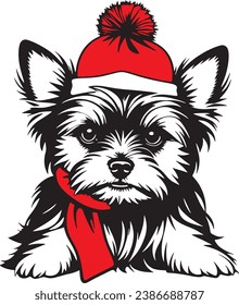 Yorkshire Terrier Christmas Vector cartoon clip art illustration Christmas Hat Dog, Dog in Christmas Santa hat, Full length of Yorkshire Terrier wearing Christmas hat