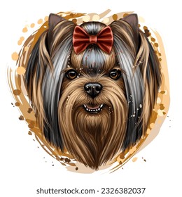 Yorkshire Terrier. Ein farbiges, künstlerisches Bild des Kopfes eines Yorkshire-Terriers in Aquarellfarben auf weißem Hintergrund. Digitale Vektorgrafiken.