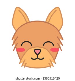 Yorkshire Terrier cute kawaii vector character. Dog with smiling muzzle. Animal with smiling eyes. Flushed domestic doggie. Funny emoji, sticker, emoticon. Isolated cartoon color illustration