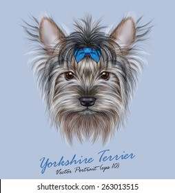 Yorkshire terrier Dog animal cute face. Vector adorable happy Yorkshire girl puppy head portrait with bow accessory. Realistic funny fur portrait of Yorkshire dog isolated on blue background.