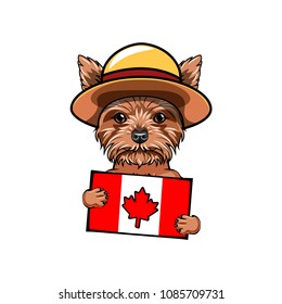 Yorkshire terrier dog. Canadian flag. Happy Canada day. Dog patriot. Royal Canadian Mounted Police. Dog portrait. Greeting card. Vector illustration.