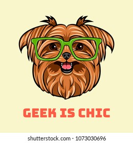 Yorkshire Terrier Dog geek. Smart glasses. Geek is chic lettering. Vector illustration