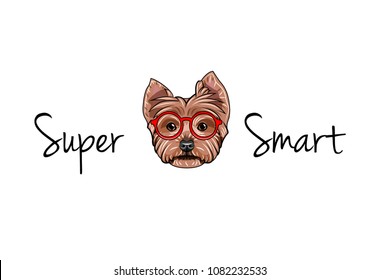 Yorkshire terrier dog geek. Smart glasses. Yorkshire terrier nerd. Clever dog portrait. Super smart text. Vector illustration.