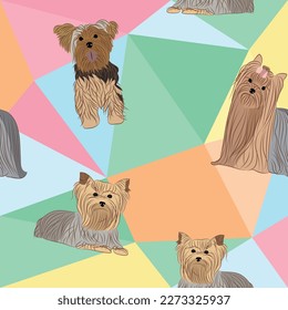 Yorkshire Terrier dog on a mosaic geometric background. Funky, colorful vibe, rainbow colors palette. Simple, clean, modern texture. Geometric, polygon style. Summer seamless pattern with dogs.