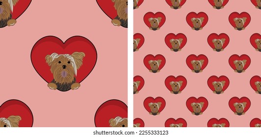 Yorkshire Terrier dog with paws pattern, Valentine's day heart wallpaper. Love heart with pet head holiday texture. Dog face Holding Heart Cartoon square background. St Valentine's day present paper.