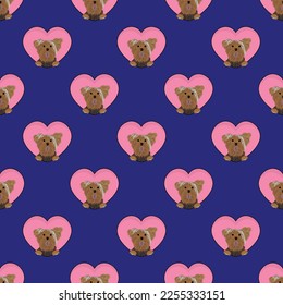 Yorkshire Terrier dog with paws pattern, Valentine's day heart wallpaper. Love heart with pet head holiday texture. Dog face Holding Heart Cartoon square background. St Valentine's day present paper.