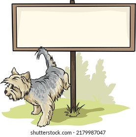 Yorkshire terrier The dog is peeing, on a pole, a blank board for entering text, illustration, vector, cartoon, 