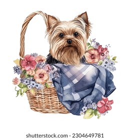 Yorkshire Terrier Dog in Picnic Basket with Flowers Watercolor Vector Illustration