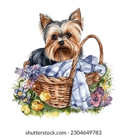 Yorkshire Terrier Dog in Picnic Basket with Flowers Watercolor Vector Illustration