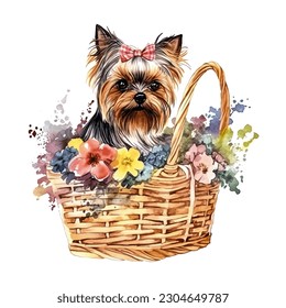 Yorkshire Terrier Dog in Picnic Basket with Flowers Watercolor Vector Illustration