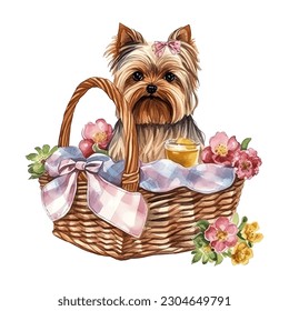 Yorkshire Terrier Dog in Picnic Basket with Flowers Watercolor Vector Illustration