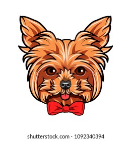 Yorkshire Terrier dog portrait. Bow accessory. Red decorative bow. Yorkshire terrier portrait. Vector illustration.