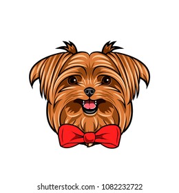 Yorkshire terrier dog portrait. Decorative bow. Red bow. Dog head, face, muzzle. Vector illustration.