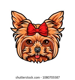 Yorkshire Terrier dog portrait. Red bow. Accessory. Yorkshire terrier breed. Vector illustration
