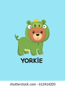 Yorkshire Terrier dog. The puppy is dressed in a green pig suit.