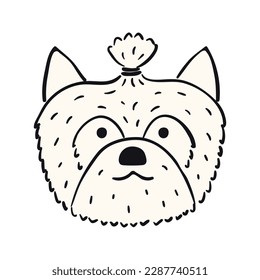 Yorkshire terrier dog, puppy face cute cartoon character illustration. Hand drawn vector, isolated. Line art. Domestic animal logo. Design concept pet food, branding, business, vet, print, poster