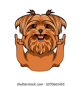 Yorkshire Terrier dog. Rock gesture, Horns. Dog breed Vector illustration 