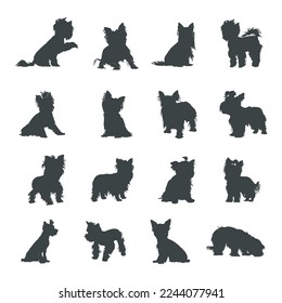 Yorkshire terrier dog silhouettes, Yorkshire terrier dog silhouette set