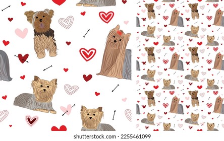 Yorkshire Terrier dog Valentine's day heart wallpaper. Love doodles hearts with pets holiday texture. square background, repeatable pattern. St Valentine's day wallpaper, valentine present, print tile