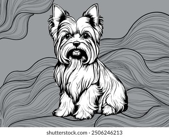 Perro terrier de Yorkshire. Muy lindo. Ilustración del libro de los niños con el fondo blanco. Estilo de dibujo de línea para libro para colorear. Vector