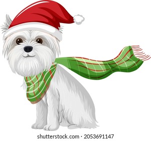 Yorkshire terrier dog wearing Christmas hat cartoon character  illustration