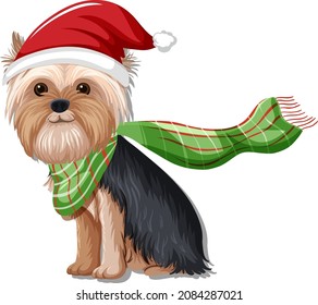 Yorkshire terrier dog wearing Christmas hat cartoon character  illustration