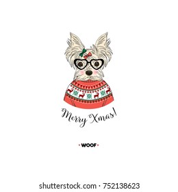 Yorkshire terrier dog wearing  jacquard pullover, Merry Christmas card