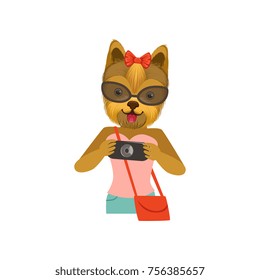 Yorkshire Terrier girl character dressed up in fashionable clothing with camera in its hands, fashion animal flat vector illustration