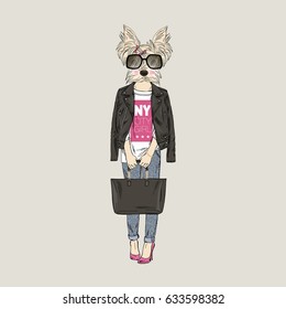 Yorkshire Terrier girl dressed up in modern urban style, furry art illustration, fashion animals