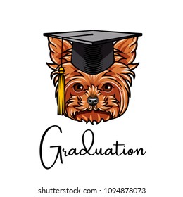 Yorkshire terrier graduate. Graduations cap hat. Dog portrait. Yorkshire terrier head. Graduation text. Vector illustration.