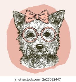 Yorkshire terrier cabeça realista tinta vetor ilustração. Cachorro bonito realista com arco e óculos caneta e desenho de tinta. Design para papelaria, cartão postal, decoração de casa, caneca, t-shirt.