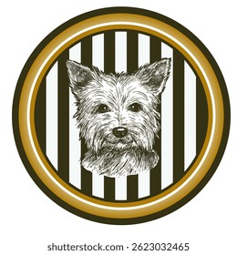 Yorkshire Terrier head realistic ink vector illustration. Dog drawing in a circle. Ceramic, porcelain plate design composition with dog portrait. Hand drawn design for emblem, tableware, apparel.