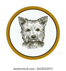 Yorkshire terrier head realistic ink vector illustration. Dog drawing in a circle. Ceramic, porcelain plate design composition with dog portrait. Hand drawn design for emblem, tableware, apparel.