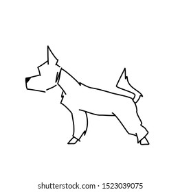 Yorkshire Terrier in a hunter stand pose. Simple black and white line drawing of a dog